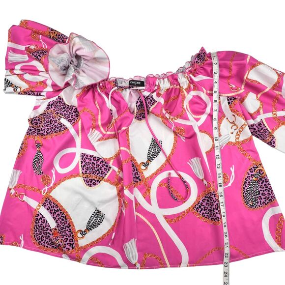 Chic Me Blouse XL Bold Chain Print Off Shoulder Vacation Party Silk Inspired Top - Picture 4 of 9